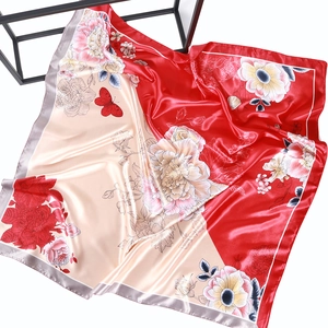 Elegant 90cm square silk scarf with red floral patterns and butterfly design motifs