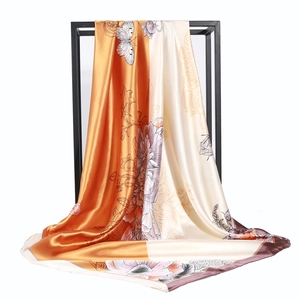 Elegant 90cm square silk scarf with floral and butterfly prints in orange and beige
