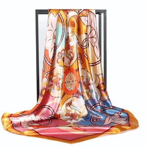 90cm Dunhuang art silk scarf with colorful Buddhist mural prints and satin finish