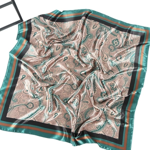 90cm vintage paisley and floral satin square scarf with elegant border in teal and gold