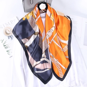 Elegant 90cm silk square scarf with orange chain and horse harness print design