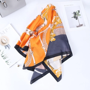 Elegant 90cm silk scarf with orange and blue chain floral prints on a white background