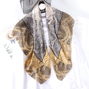 Lijin satin square scarf with vintage scroll patterns and chic geometric patchwork design