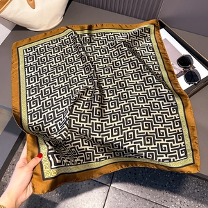 70cm vintage silk scarf with brown geometric greek key pattern for women's neck decor
