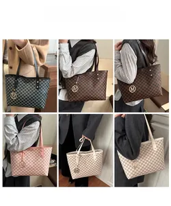 Collage of chic tote bags with M-pattern print in diverse colors for daily commuting