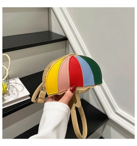 Detail of umbrella-shaped crossbody bag with multi-color leather patchwork design