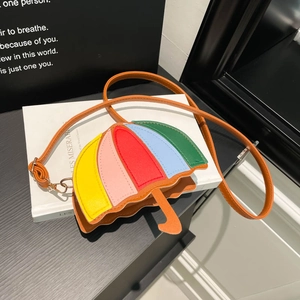 Women Creative Umbrella Shaped Crossbody Bag Rainbow Multicolor Patchwork Small PU Leather Shoulder Bag Trendy Style Mini Purse