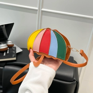 Colorful umbrella-shaped mini crossbody bag in brown patchwork synthetic leather