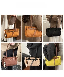 Multiple views of vintage suede handbags in caramel, brown and beige tones with bead charms