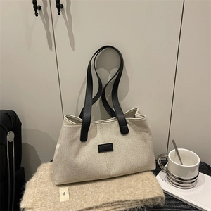 Fashion Large Capacity Women Canvas Tote Bag Casual Shoulder Handbag With PU Leather Accents Simple Urban Commute Messenger Bag