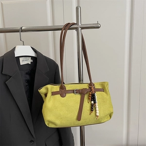 Vintage olive green suede tote bag with brown straps and beaded charms for women