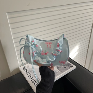 Floral canvas underarm bag with bow decoration and ruched strap for women