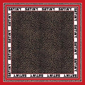 Leopard print square satin scarf with tricolor geometric border and Satiny lettering