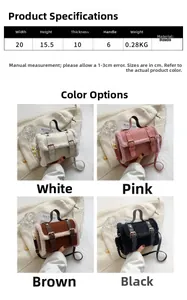 Detail of faux suede handbag showing precise dimensions and four seasonal color options