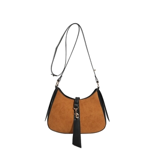 Vintage suede hobo bag in brown and black leather with elegant gold buckle hardware