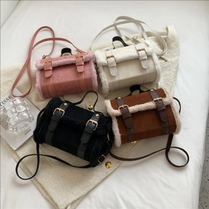 Small Crossbody Bag Faux Fur Trim Suede Dual Buckle Autumn Winter Handheld Shoulder Bag For Women