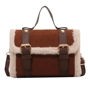 Retro brown suede handbag with white faux fur trim and gold metal buckles for autumn