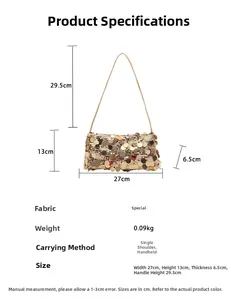 Detailed size chart for sequin shoulder bag showing 27x13x6.5cm with 29.5cm handle height