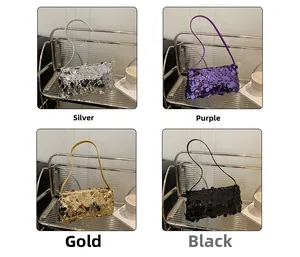 Detailed grid view of sequin underarm bags in silver, purple, gold, and black colors
