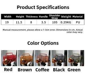 Specifications and color options for the compact retro PU leather Boston barrel bag