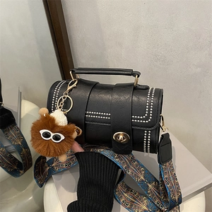 Vintage Boston Bag PU Leather Cylinder Handbag Crossbody With Ethnic Wide Strap And Plush Monster Pendant For Women