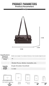 Detailed size chart for dark coffee pillow bag showing dimensions and daily capacity