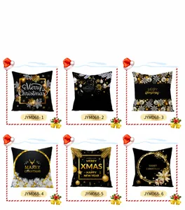 Selection of six black polyester Christmas pillow covers with gold and silver holiday prints