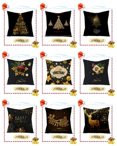 Detailed grid of black Christmas polyester pillow covers with gold festive prints