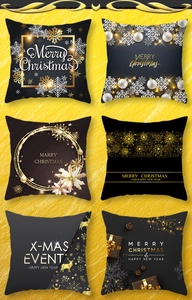 Détail de housses de coussin de Noël noires et dorées avec motifs festifs de flocons de neige