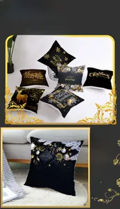 Détail de housse de coussin avec flocons dorés et rennes sur tissu peau de pêche noir mat
