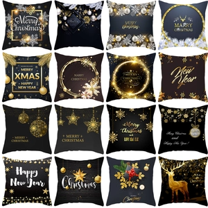 Housses De Coussin De Noël Peau De Pêche Velours Noir Or Taies Décoratives Flocon De Neige Renne Décoration
