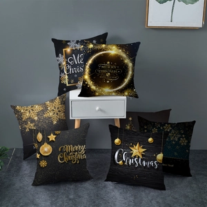 Housses de coussin de Noël en peau de pêche noir et or avec motifs festifs de flocons
