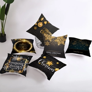 Lot de 6 housses de coussin de Noël noir et or avec motifs flocons en peau de pêche douce