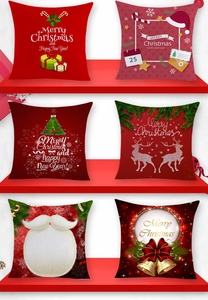 Detailed set of six red Christmas peach skin pillow covers with festive holiday patterns