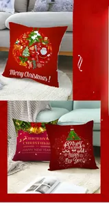 Detail of red Christmas peach skin pillow covers featuring Santa and festive prints