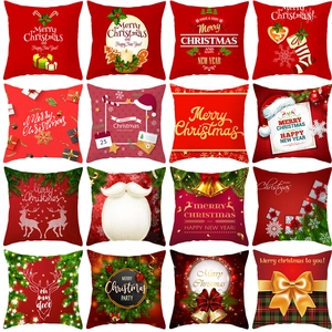 Christmas Throw Pillow Case Red Peach Skin Velvet Printed Festive Holiday Decor Reindeer Santa Motif Sofa Cushion Cover