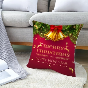 Red Christmas peach skin pillowcase with golden bells and reindeer for sofa decor