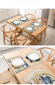 Detailed view of marine life printed placemats with linen texture and sea creature patterns