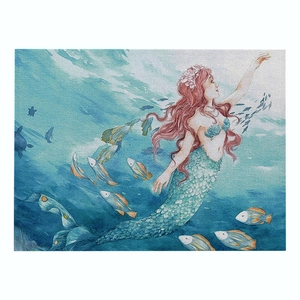 Nautical mermaid and tropical fish printed cotton linen placemat with woven texture