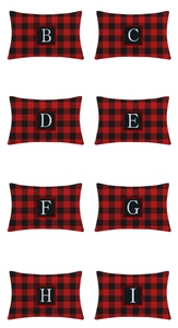 Macro shot of rectangular red buffalo plaid pillowcases featuring alphabet letters B to I