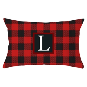 Christmas lumbar pillow cover with red buffalo check pattern and letter L print