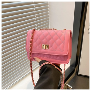 Close-up of pink quilted shoulder bag with gold metal buckle and chain strap detail