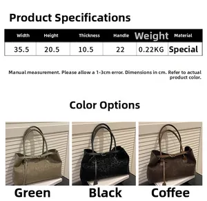 Size chart and color display for leopard print suede tote bags in green, black, and coffee