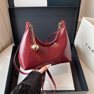 Trendy Patent Leather Crescent Moon Bag For Women Elegant Hobo Crossbody Bag With Gold Ball Pendant PU Shoulder Handbag