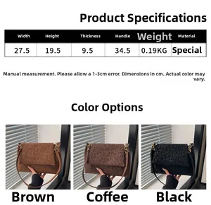 Detailed view of leopard print shoulder bag specs with size charts and multiple color options