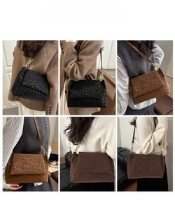 Detailed views of leopard print tote bag with gold chain strap on autumn winter outfits