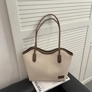 Retro contrast color tote bag with litchi grain leather and brown shoulder straps