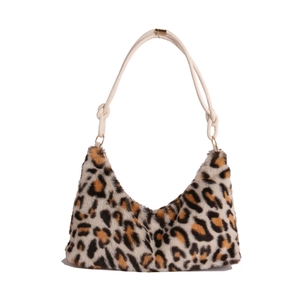 Leopard print plush hobo bag with white rope handle and golden metal ring accents