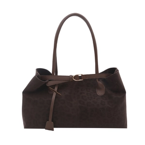 Retro leopard embossed brown tote bag for women with long shoulder straps and metal buckle