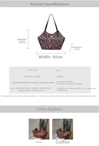 Detailed size chart and specifications for the vintage leopard print large capacity tote bag